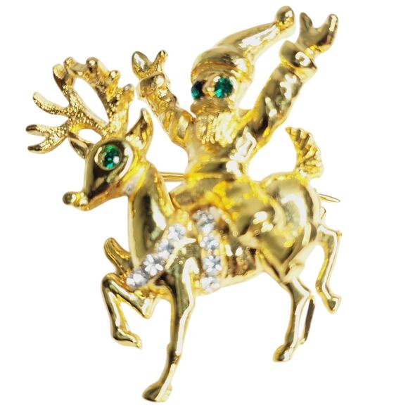Vintage Haskell Jewels Christmas Santa Reindeer Rhinestone Gold Tone Brooch Pin - Picture 1 of 3